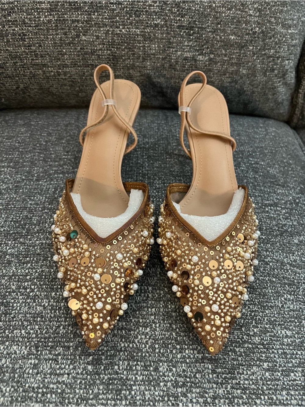 311–Embellished Gold Pointed Toe Slingback Flats